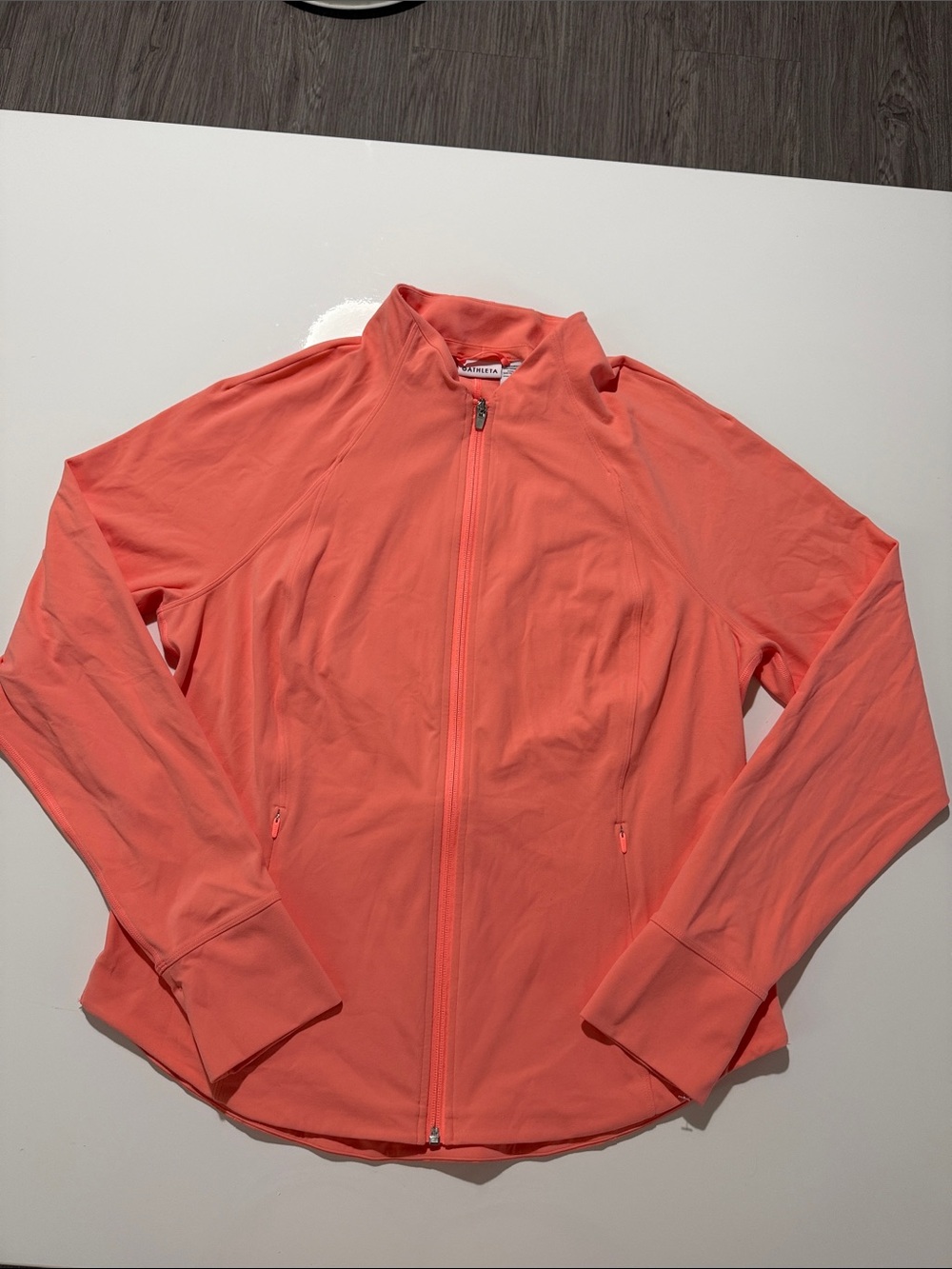 Athleta Salutation Jacket Womens XL Coral Pink Full Zip Mock Neck Thumbholes